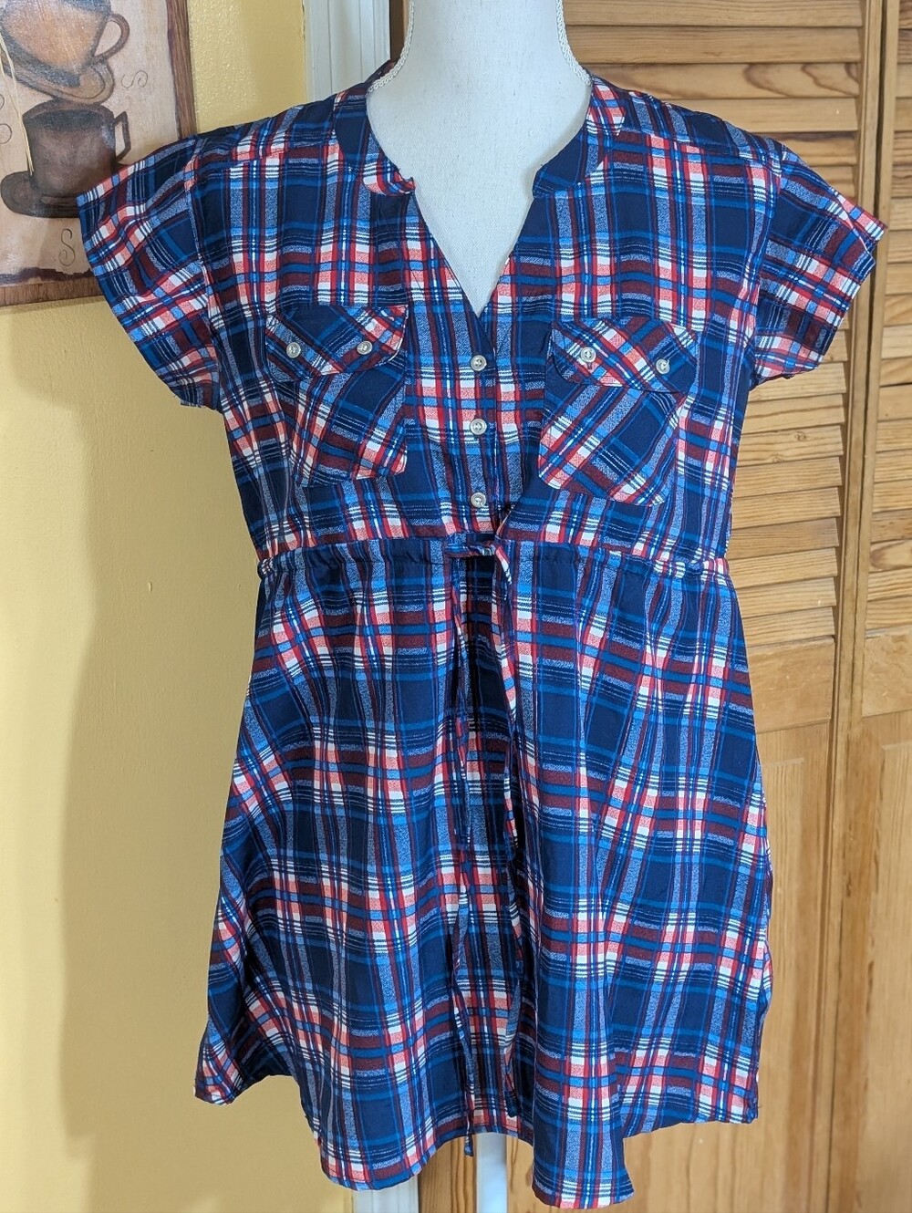 Patriotic Red, White & Blue Plaid Babydoll Tunic Top M